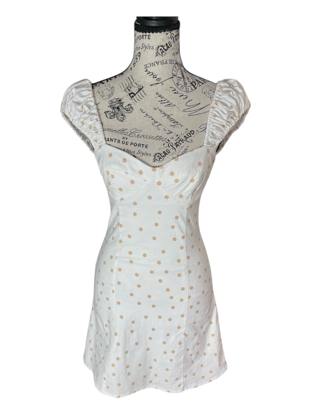 LPA Cream Tan Polka Dot Linen Blend Ruched Strap Mini Dress XS
